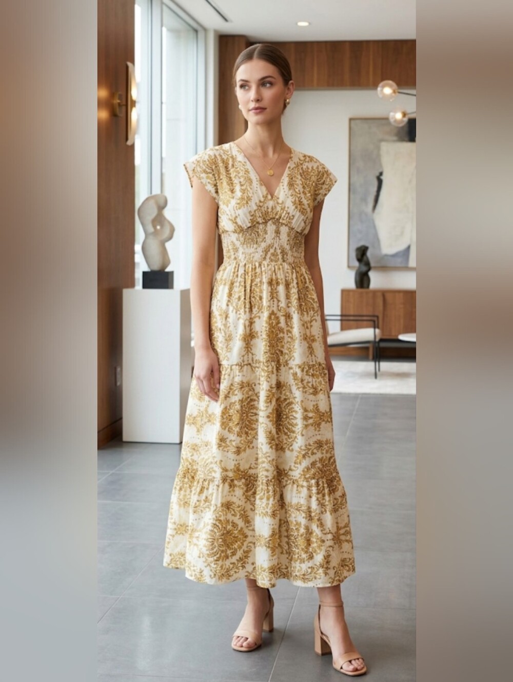 Women's Cream and Gold Maxi Dress - Elegant V-Neck #96